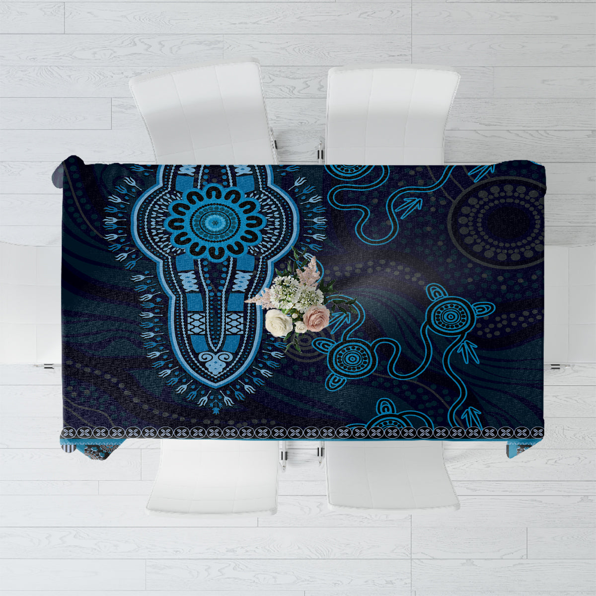 Blue African Dashiki With Australia Aboriginal Art Tablecloth