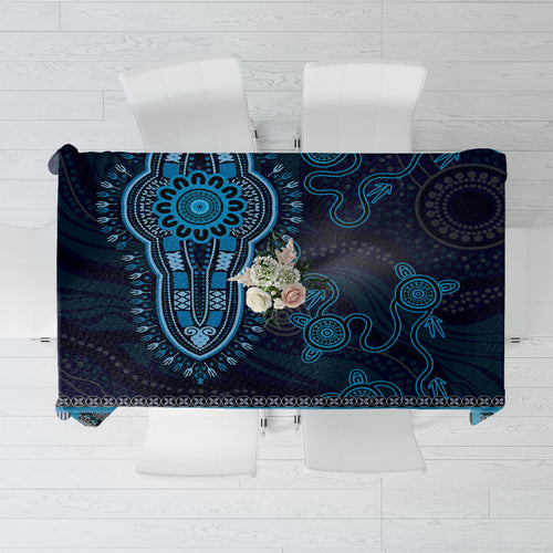 Blue African Dashiki With Australia Aboriginal Art Tablecloth
