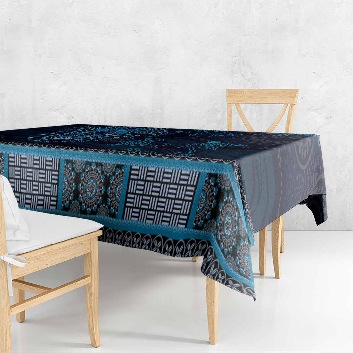 Blue African Dashiki With Australia Aboriginal Art Tablecloth