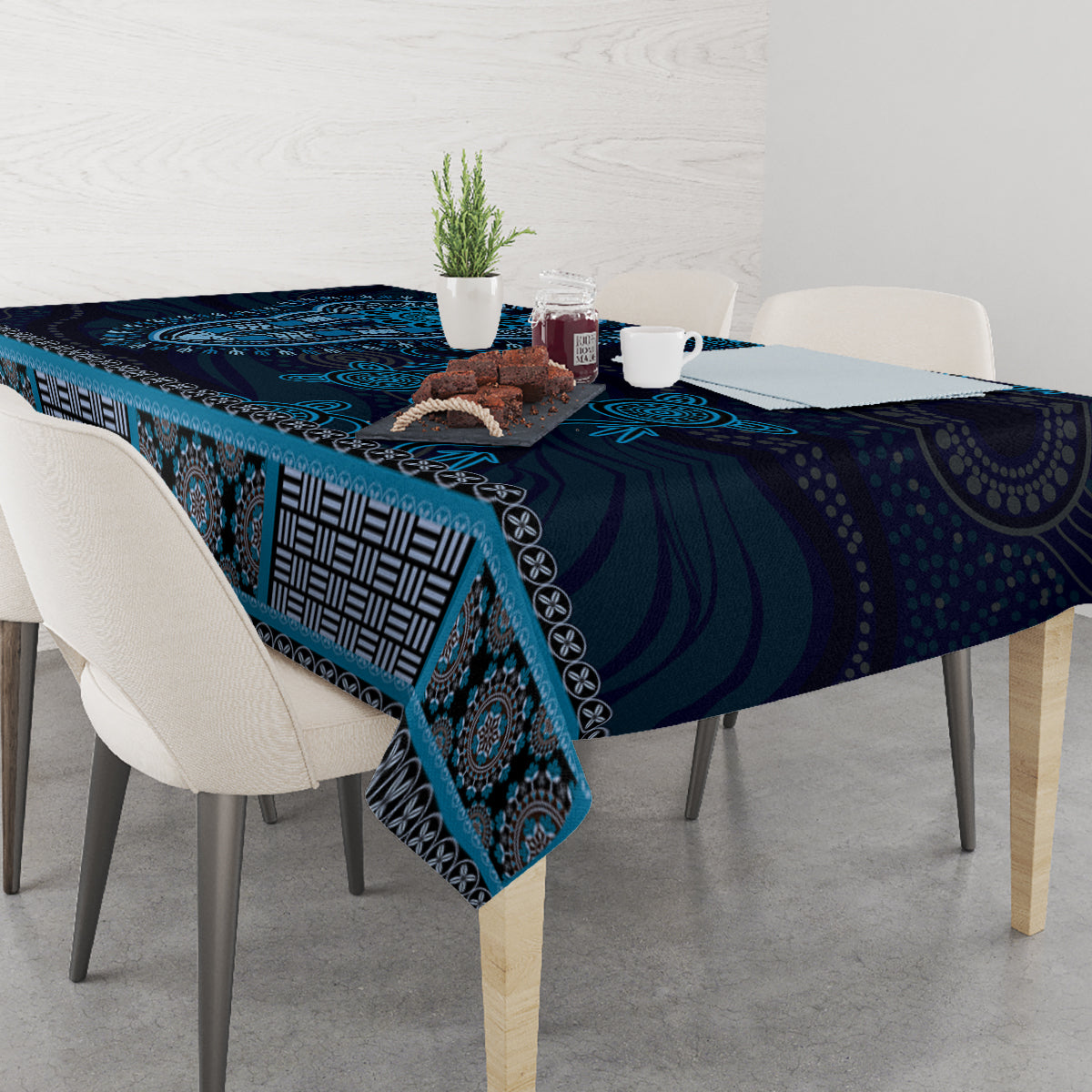 Blue African Dashiki With Australia Aboriginal Art Tablecloth