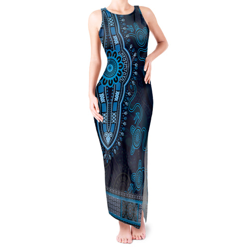 Blue African Dashiki With Australia Aboriginal Art Tank Maxi Dress