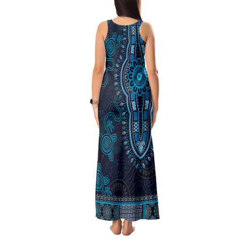Blue African Dashiki With Australia Aboriginal Art Tank Maxi Dress