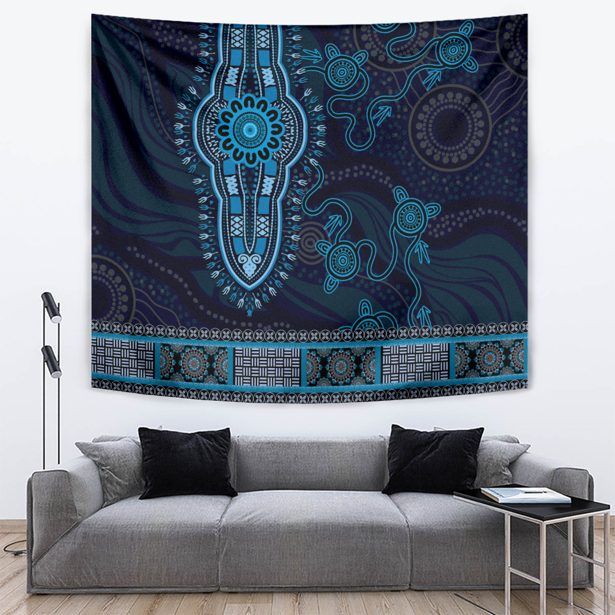Blue African Dashiki With Australia Aboriginal Art Tapestry