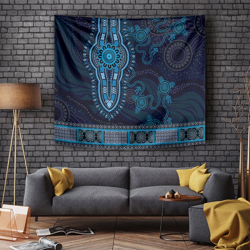 Blue African Dashiki With Australia Aboriginal Art Tapestry