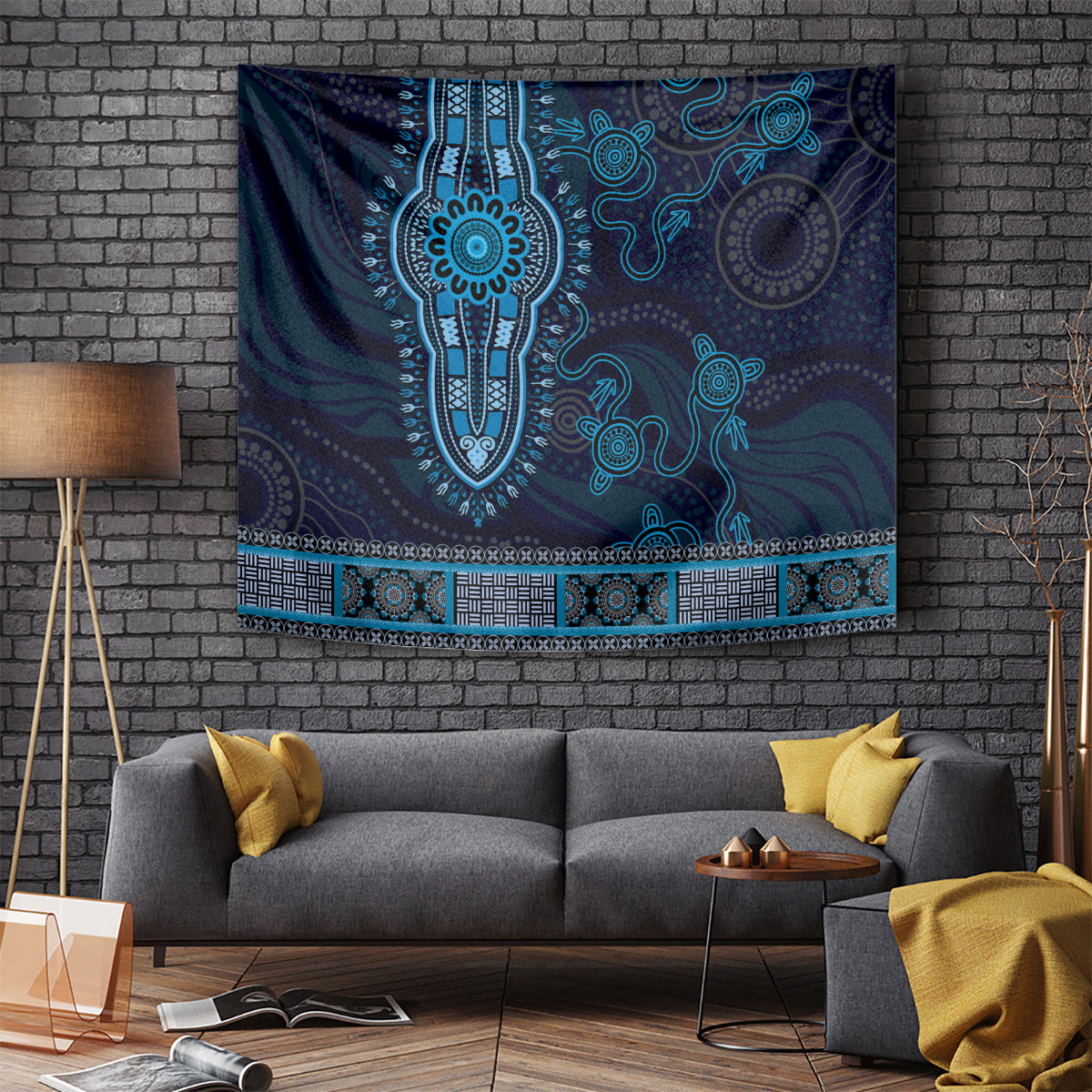 Blue African Dashiki With Australia Aboriginal Art Tapestry
