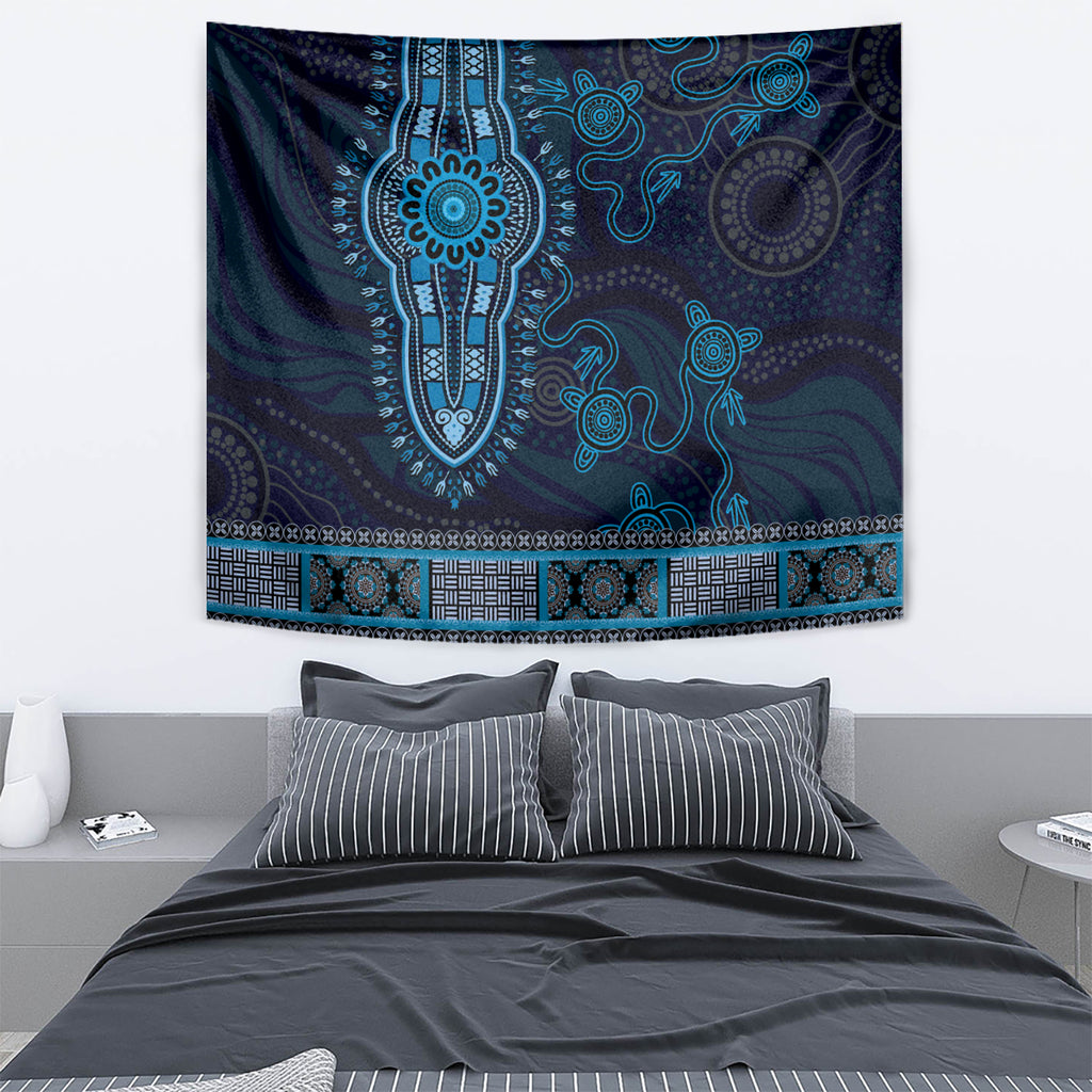 Blue African Dashiki With Australia Aboriginal Art Tapestry