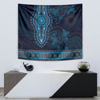 Blue African Dashiki With Australia Aboriginal Art Tapestry