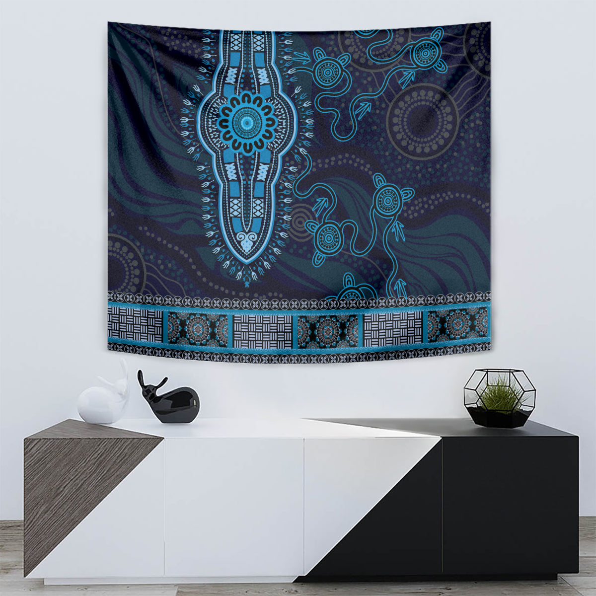 Blue African Dashiki With Australia Aboriginal Art Tapestry