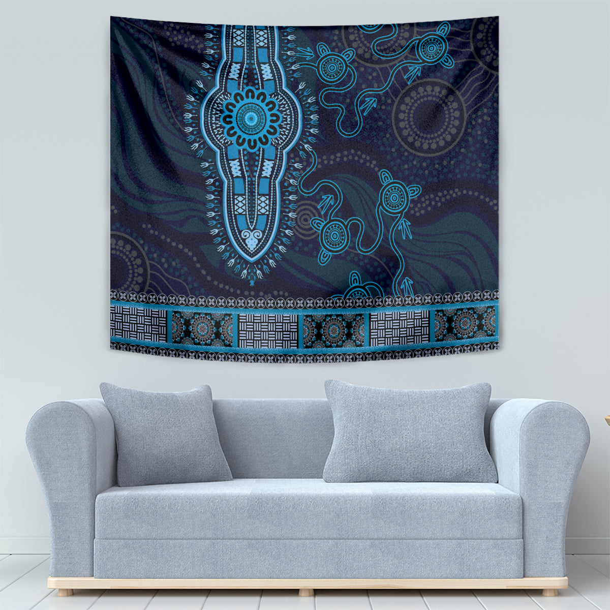 Blue African Dashiki With Australia Aboriginal Art Tapestry