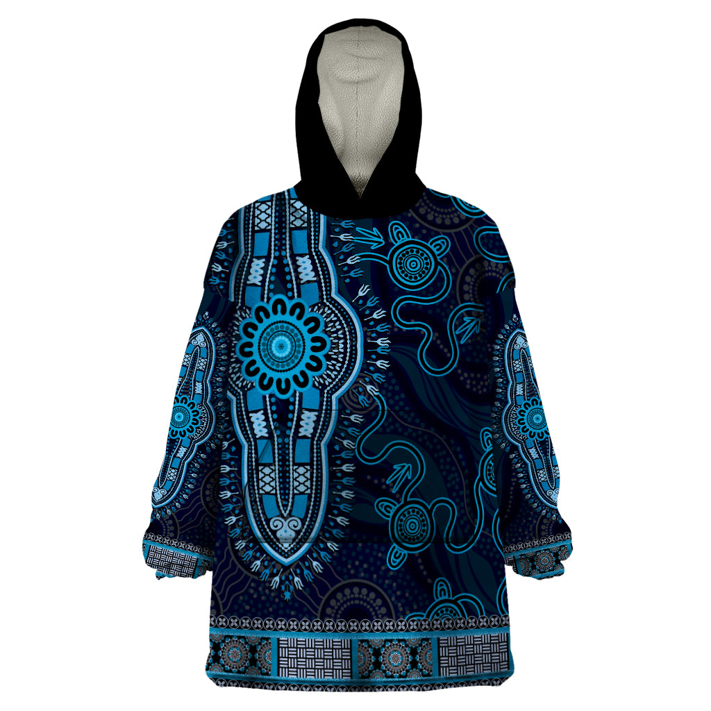 Blue African Dashiki With Australia Aboriginal Art Wearable Blanket Hoodie