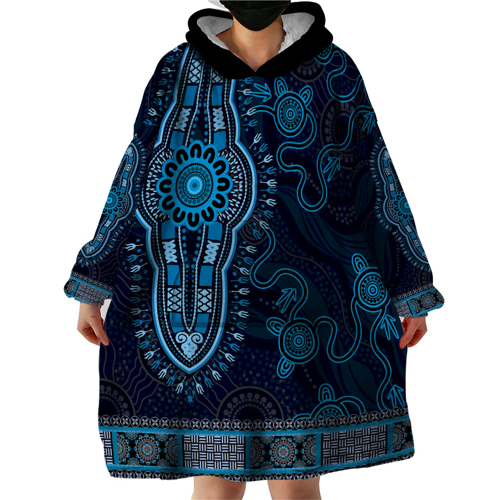 Blue African Dashiki With Australia Aboriginal Art Wearable Blanket Hoodie