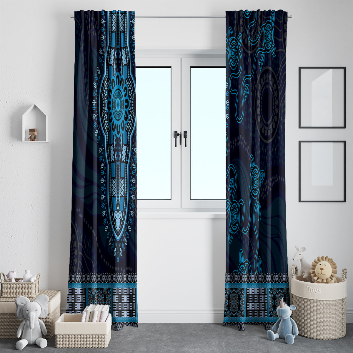 Blue African Dashiki With Australia Aboriginal Art Window Curtain