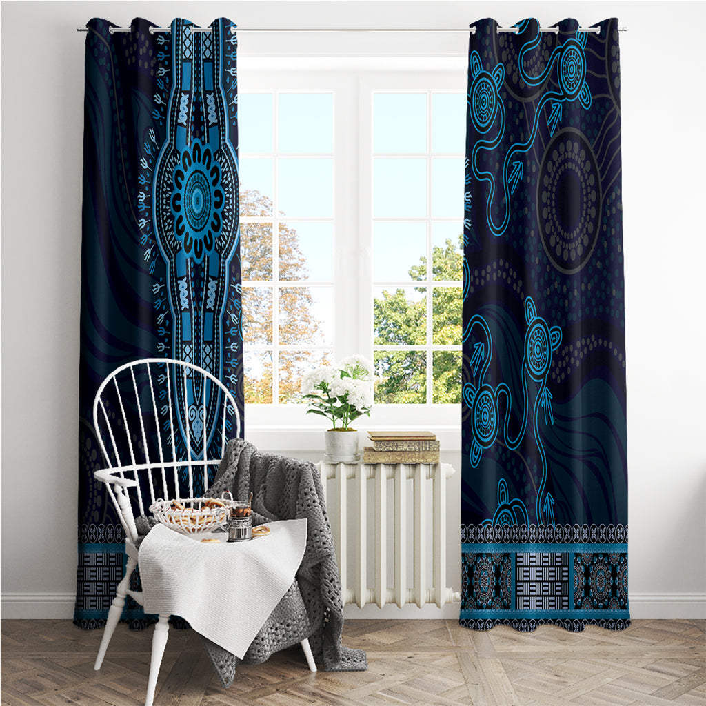 Blue African Dashiki With Australia Aboriginal Art Window Curtain
