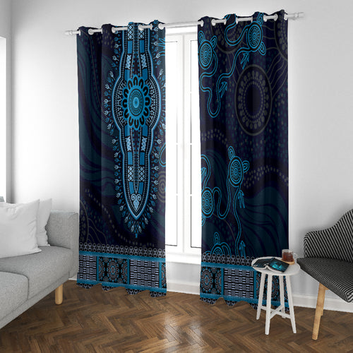 Blue African Dashiki With Australia Aboriginal Art Window Curtain