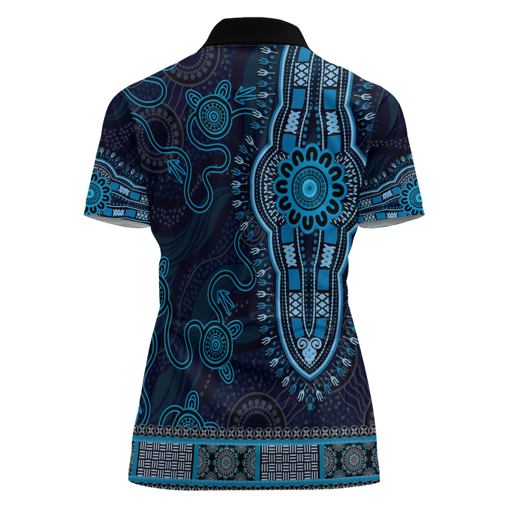 Blue African Dashiki With Australia Aboriginal Art Women Polo Shirt