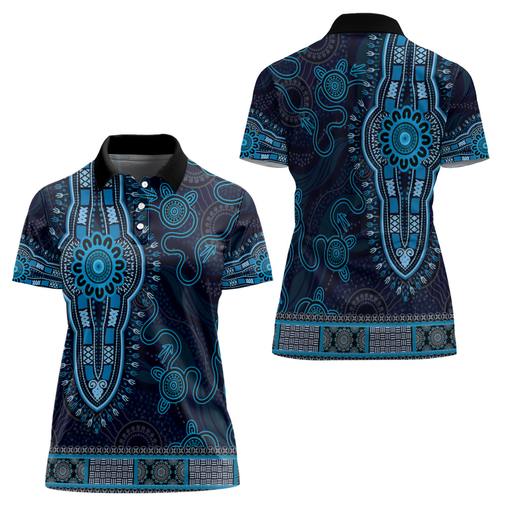 Blue African Dashiki With Australia Aboriginal Art Women Polo Shirt