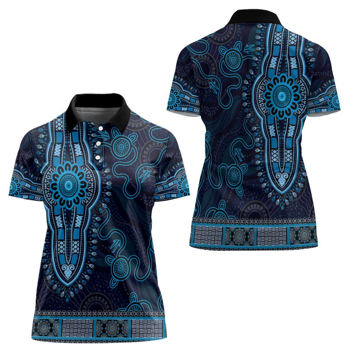 Blue African Dashiki With Australia Aboriginal Art Women Polo Shirt