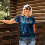 Blue African Dashiki With Australia Aboriginal Art Women Polo Shirt