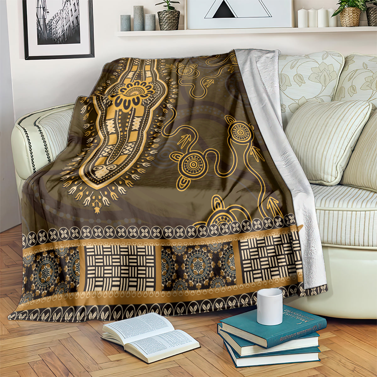 Gold African Dashiki With Australia Aboriginal Art Blanket