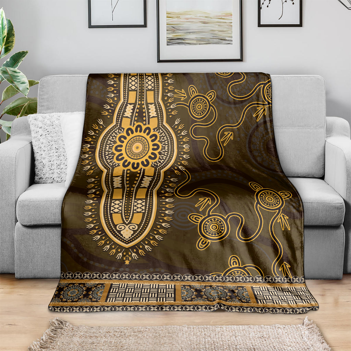 Gold African Dashiki With Australia Aboriginal Art Blanket