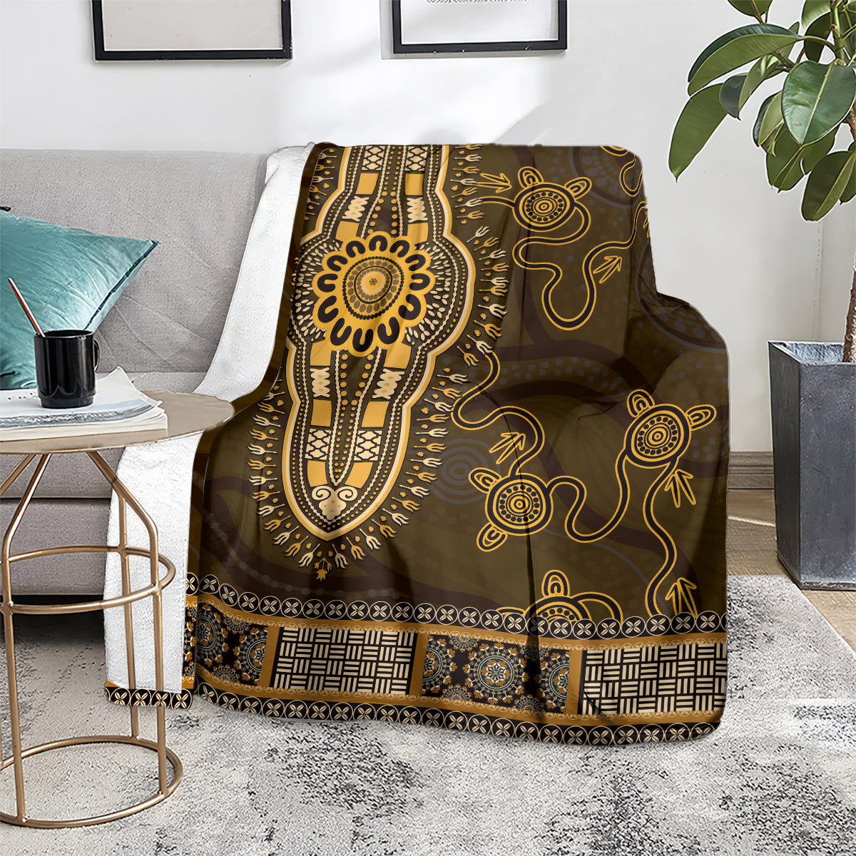 Gold African Dashiki With Australia Aboriginal Art Blanket