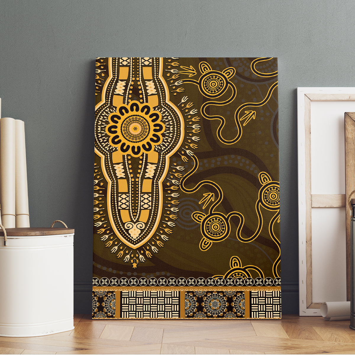 Gold African Dashiki With Australia Aboriginal Art Canvas Wall Art