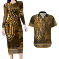 Gold African Dashiki With Australia Aboriginal Art Couples Matching Long Sleeve Bodycon Dress and Hawaiian Shirt
