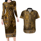 Gold African Dashiki With Australia Aboriginal Art Couples Matching Long Sleeve Bodycon Dress and Hawaiian Shirt