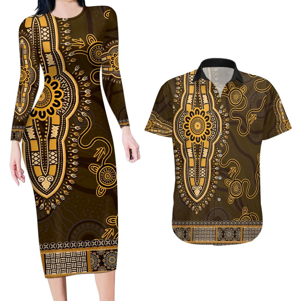 Gold African Dashiki With Australia Aboriginal Art Couples Matching Long Sleeve Bodycon Dress and Hawaiian Shirt