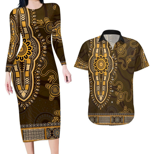 Gold African Dashiki With Australia Aboriginal Art Couples Matching Long Sleeve Bodycon Dress and Hawaiian Shirt