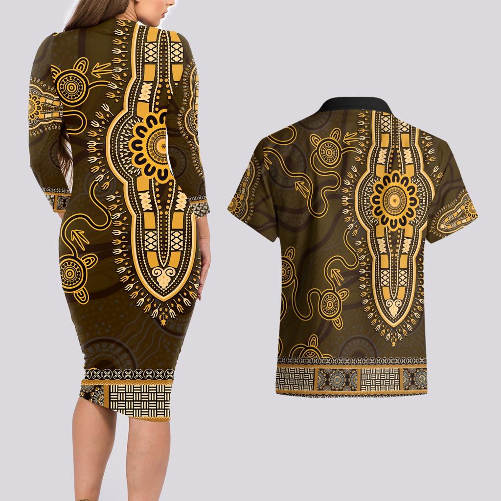 Gold African Dashiki With Australia Aboriginal Art Couples Matching Long Sleeve Bodycon Dress and Hawaiian Shirt