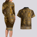 Gold African Dashiki With Australia Aboriginal Art Couples Matching Long Sleeve Bodycon Dress and Hawaiian Shirt