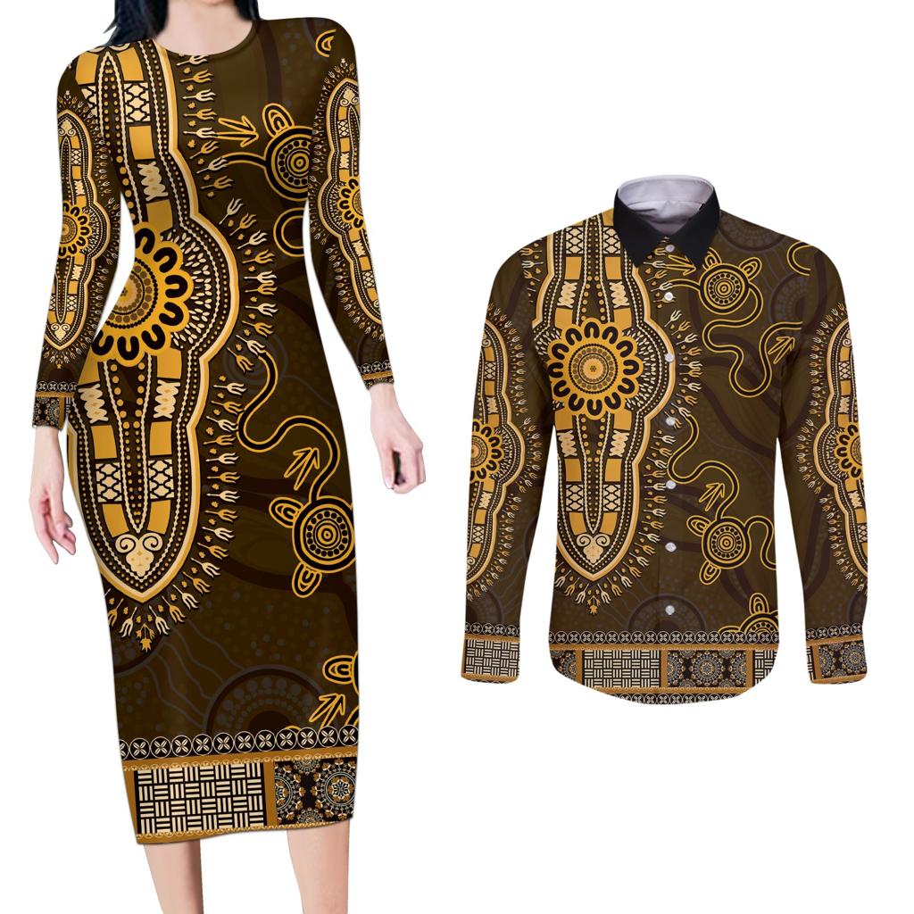 Gold African Dashiki With Australia Aboriginal Art Couples Matching Long Sleeve Bodycon Dress and Long Sleeve Button Shirt