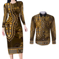 Gold African Dashiki With Australia Aboriginal Art Couples Matching Long Sleeve Bodycon Dress and Long Sleeve Button Shirt