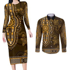 Gold African Dashiki With Australia Aboriginal Art Couples Matching Long Sleeve Bodycon Dress and Long Sleeve Button Shirt