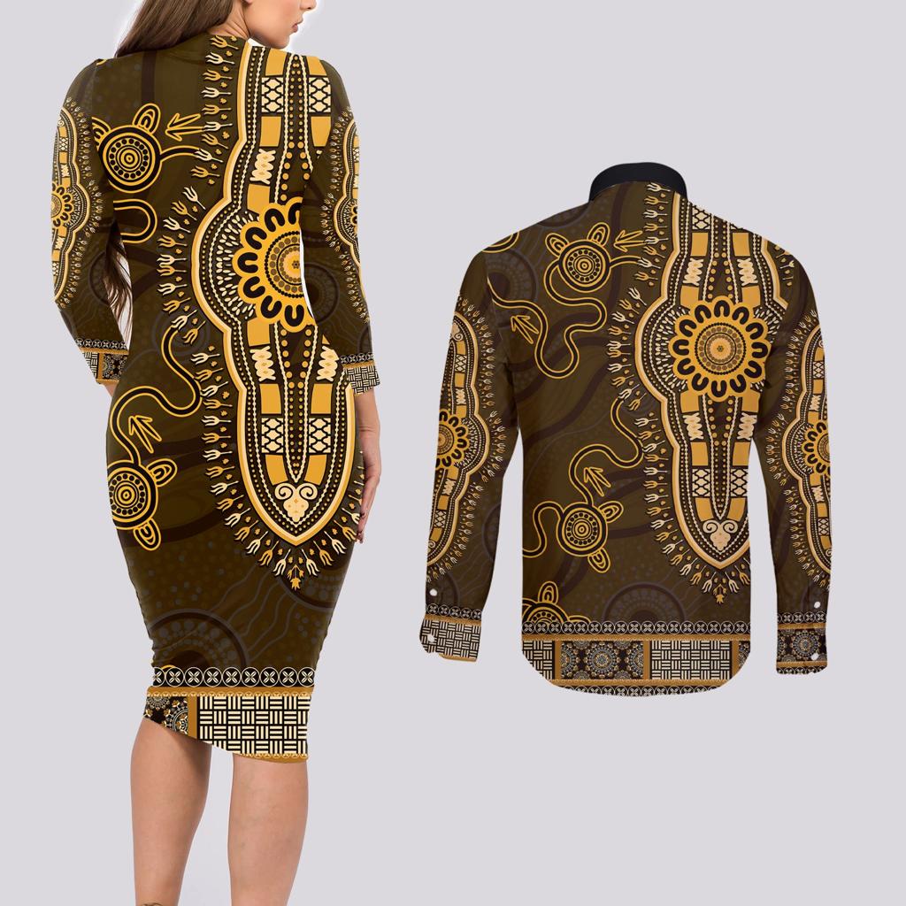 Gold African Dashiki With Australia Aboriginal Art Couples Matching Long Sleeve Bodycon Dress and Long Sleeve Button Shirt