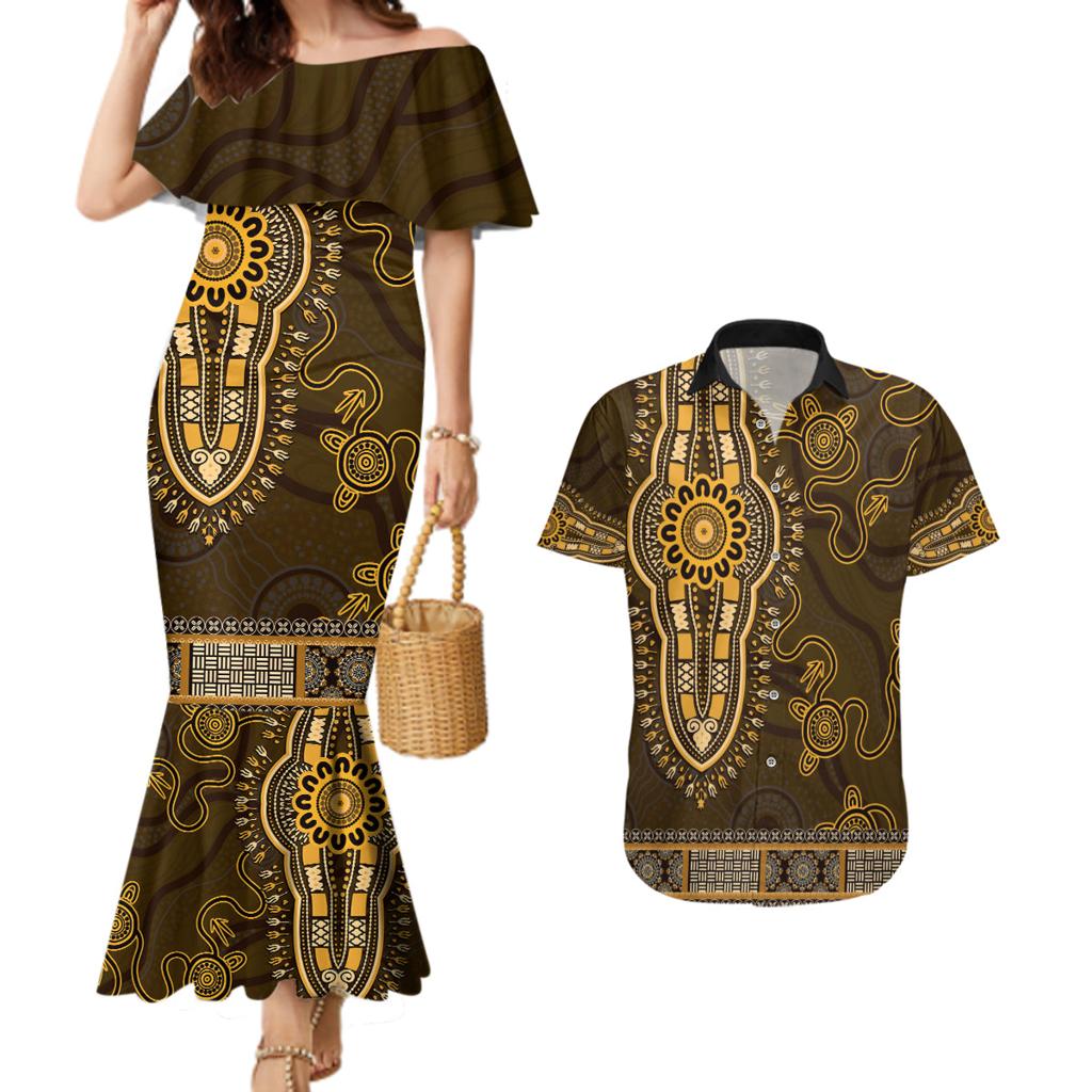 Gold African Dashiki With Australia Aboriginal Art Couples Matching Mermaid Dress and Hawaiian Shirt