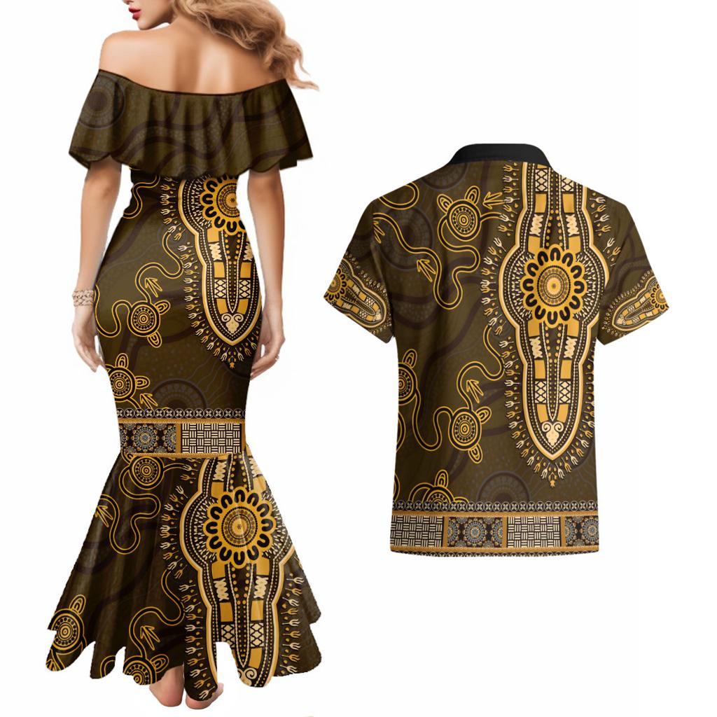Gold African Dashiki With Australia Aboriginal Art Couples Matching Mermaid Dress and Hawaiian Shirt