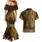 Gold African Dashiki With Australia Aboriginal Art Couples Matching Mermaid Dress and Hawaiian Shirt