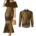 Gold African Dashiki With Australia Aboriginal Art Couples Matching Mermaid Dress and Long Sleeve Button Shirt