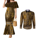 Gold African Dashiki With Australia Aboriginal Art Couples Matching Mermaid Dress and Long Sleeve Button Shirt