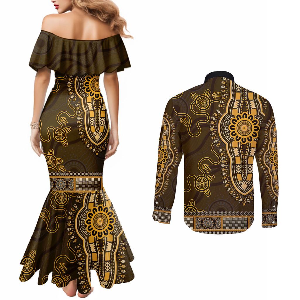 Gold African Dashiki With Australia Aboriginal Art Couples Matching Mermaid Dress and Long Sleeve Button Shirt