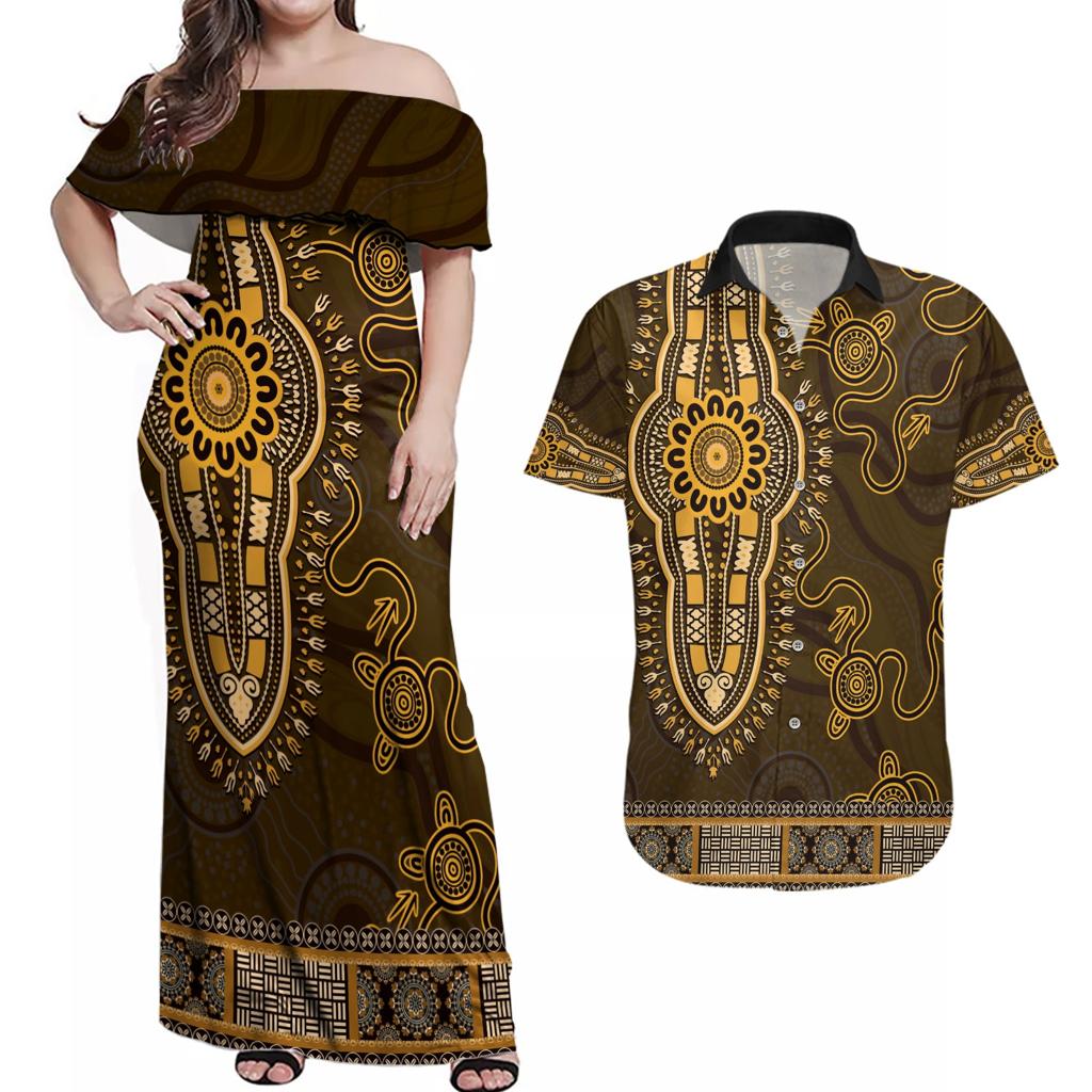 Gold African Dashiki With Australia Aboriginal Art Couples Matching Off Shoulder Maxi Dress and Hawaiian Shirt