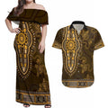 Gold African Dashiki With Australia Aboriginal Art Couples Matching Off Shoulder Maxi Dress and Hawaiian Shirt
