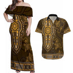 Gold African Dashiki With Australia Aboriginal Art Couples Matching Off Shoulder Maxi Dress and Hawaiian Shirt