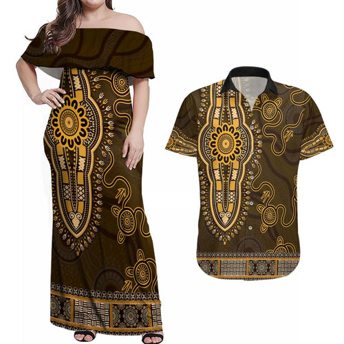 Gold African Dashiki With Australia Aboriginal Art Couples Matching Off Shoulder Maxi Dress and Hawaiian Shirt