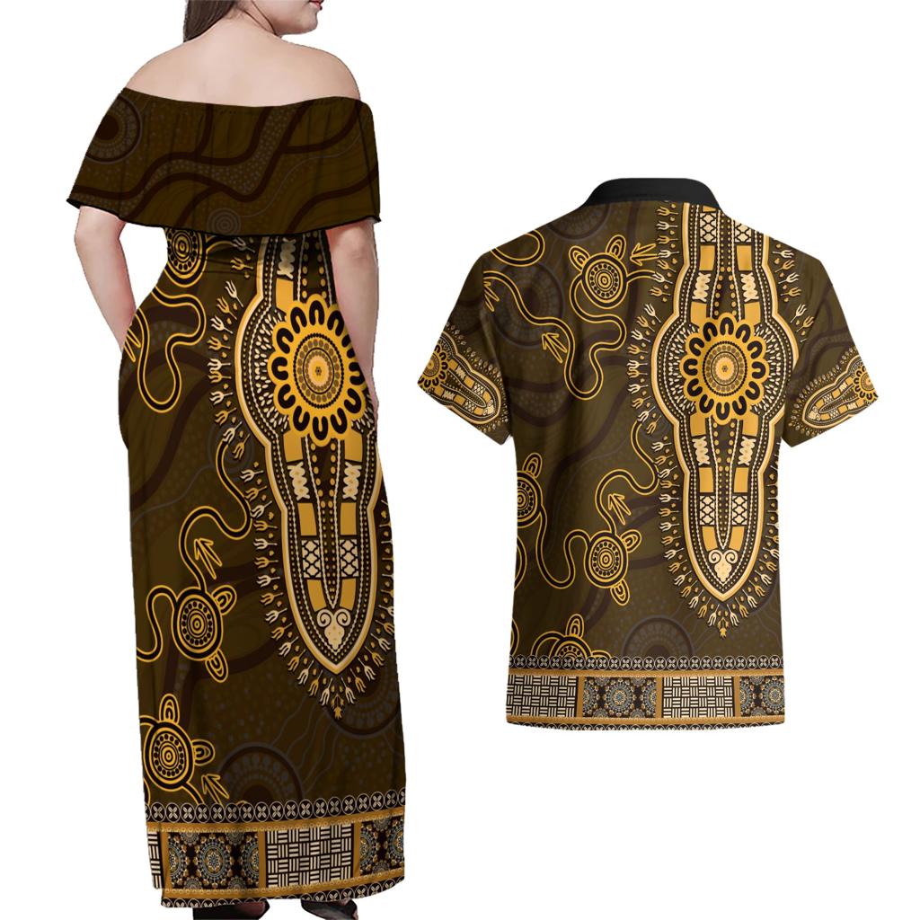 Gold African Dashiki With Australia Aboriginal Art Couples Matching Off Shoulder Maxi Dress and Hawaiian Shirt