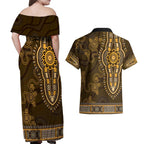 Gold African Dashiki With Australia Aboriginal Art Couples Matching Off Shoulder Maxi Dress and Hawaiian Shirt