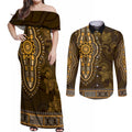 Gold African Dashiki With Australia Aboriginal Art Couples Matching Off Shoulder Maxi Dress and Long Sleeve Button Shirt