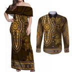 Gold African Dashiki With Australia Aboriginal Art Couples Matching Off Shoulder Maxi Dress and Long Sleeve Button Shirt